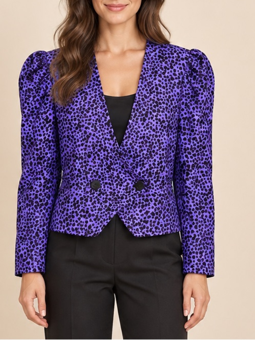 RICKIE FREEMAN FOR TERI JON PURPLE & BLACK ANIMAL PRINT CROPPED BLAZER | SIZE 4